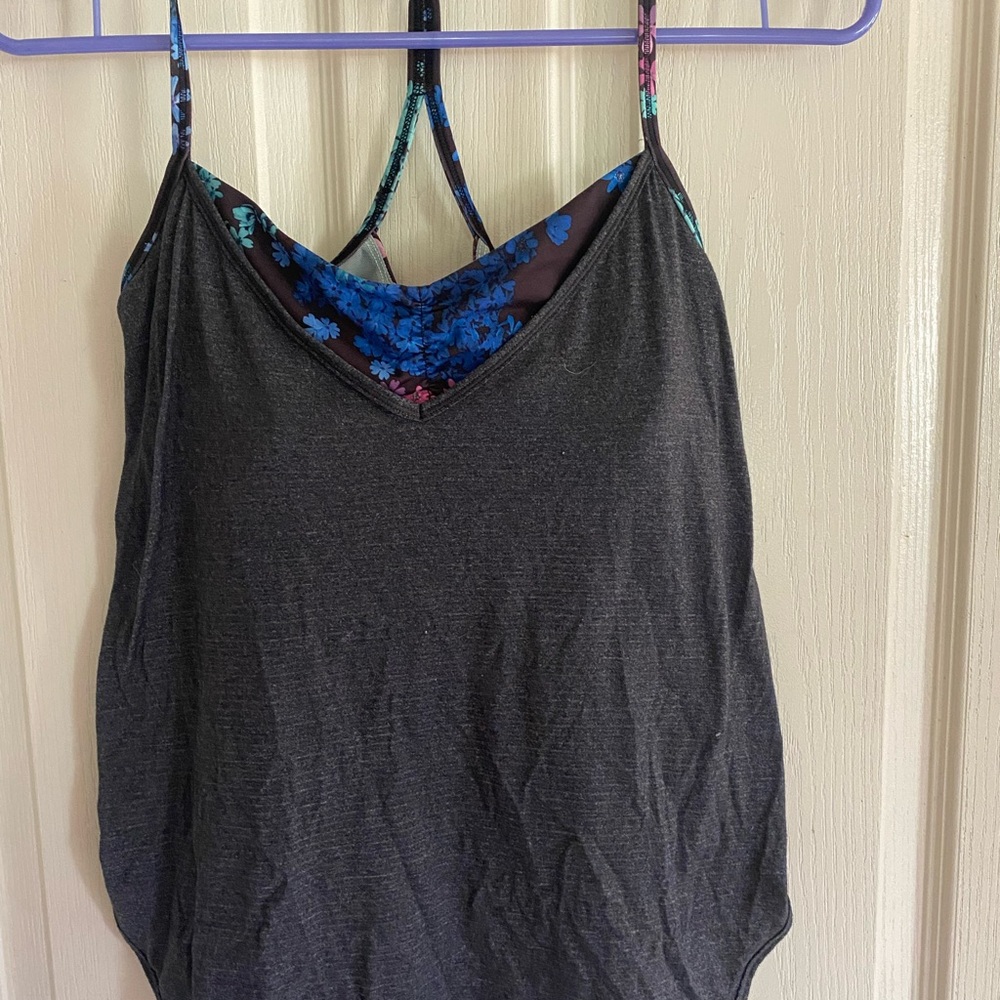 Lululemon Athletica Charcoal and Blue Floral Tank Top